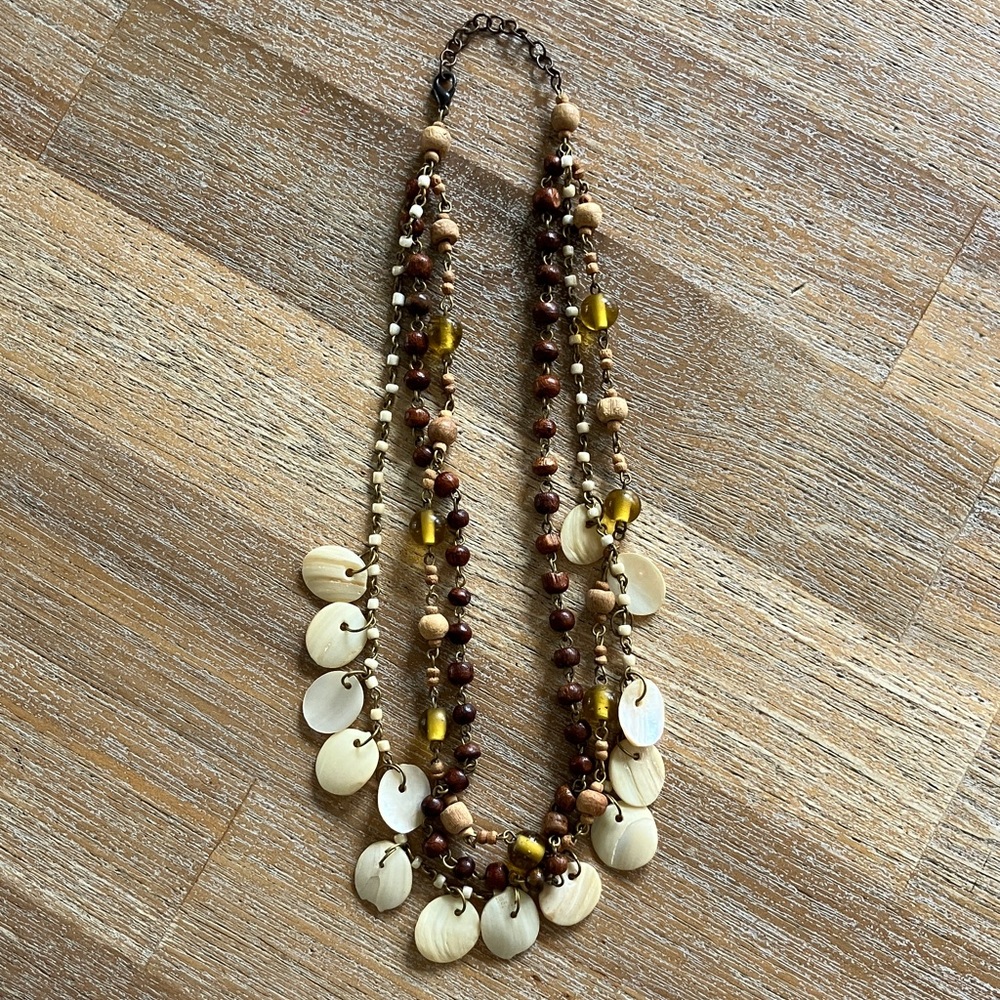 Women’s Layered Shell and Bead Necklace in Cream and Brown